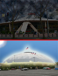Above: Key Arena, the Sonics' foreboding home in Seattle. Below: The Tacoma Dome, the Sonics' new home. Above: Key Arena, the Sonics' foreboding home in Seattle. Below: The Tacoma Dome, the Sonics' new home.