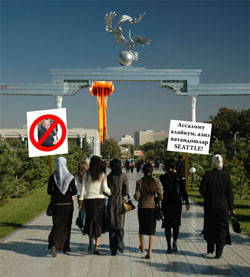 Tashkent residents march against Seattle as the city's full-scale replica of the Space Needle burns to the ground. Tashkent residents march against Seattle as the city's full-scale replica of the Space Needle burns to the ground.