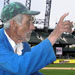 97-year-old Pappy McFreeson, the Mariners' newest pitcher, practices in plainclothes at Safeco Field.  