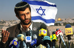 Iranian President Mahmoud Ahmadinejad fields questions about his newly-discovered Jewish ancestry during a press conference outside Jerusalem. Iranian President Mahmoud Ahmadinejad fields questions about his newly-discovered Jewish ancestry during a press conference outside Jerusalem.