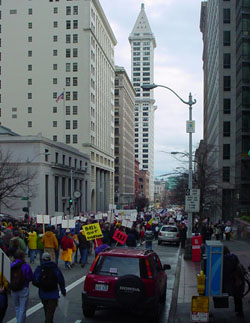 Thousands take to the streets in downtown Seattle to protest Congress' unwillingness to flush taxpayer money down the toilet in a Wall Street bailout.
