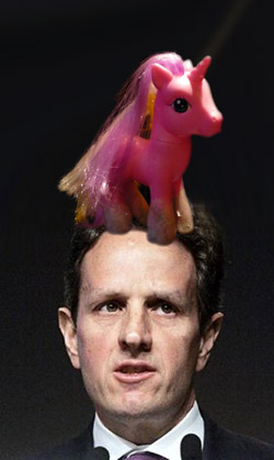 Treasury Secretary nominee Timothy Geithner and his pretty pink pony Crystal have solid plan to put an end to the economic crisis.