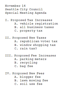 The Seattle City Council considered dozens of new tax and fee possibilities at Friday's special session. The Seattle City Council considered dozens of new tax and fee possibilities at Friday's special session.