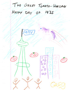 Mayor Nickels provided this illustration of the "Great Tomato-Unicorn Happy Day of 1935" as part of his presentation Wednesday. Mayor Nickels provided this illustration of the "Great Tomato-Unicorn Happy Day of 1935" as part of his presentation Wednesday.